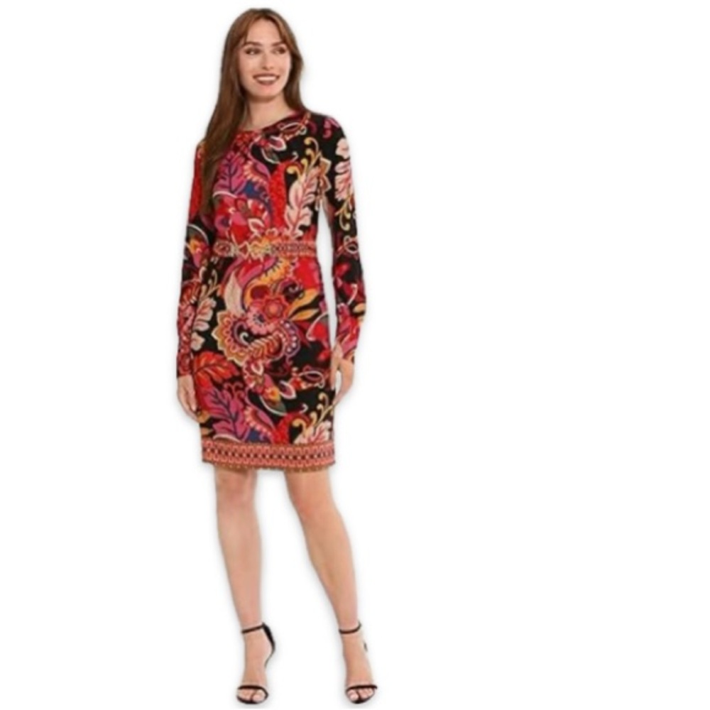 London Times Floral Jewel Casual Dress matte Jersey Sz 10 black red classic new